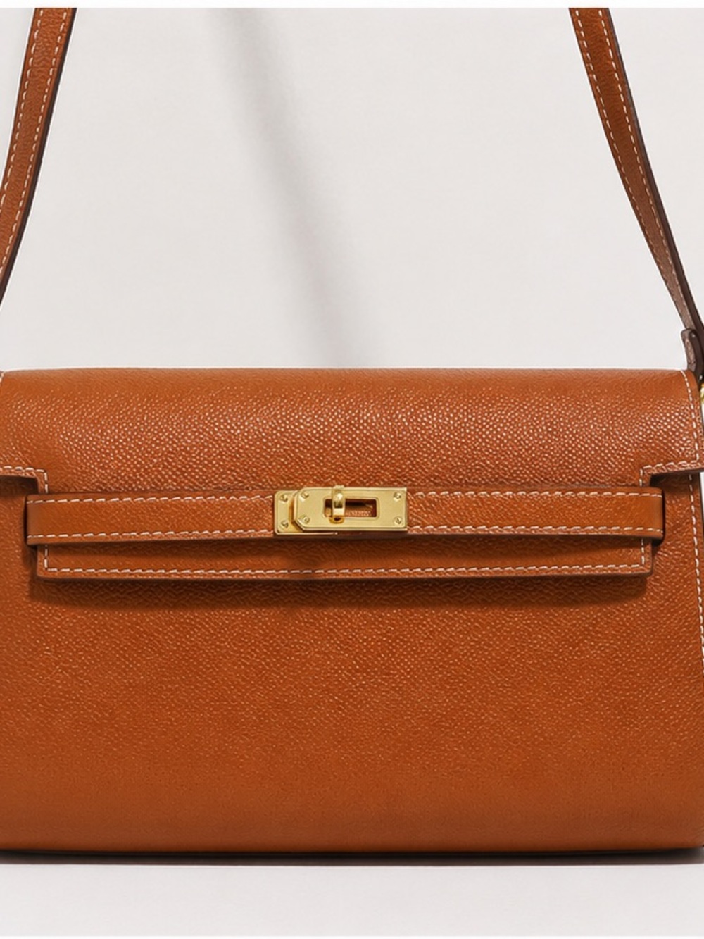 Cognac Brown luxury-Inspired Structured Crossbody Bag – Gold Hardware